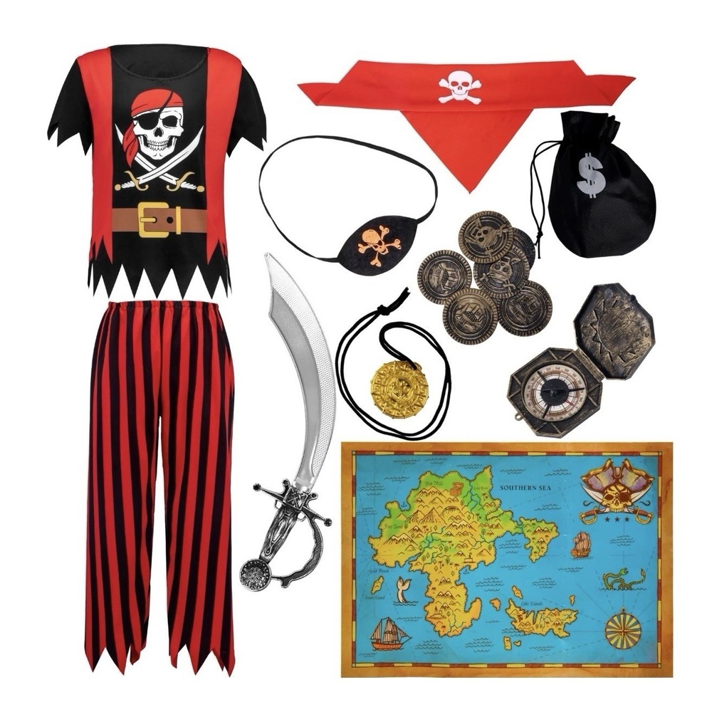 10 PCS Red and Black Boys Pirate Costume Pirate Outfit with Pirate Hat Toy Sword